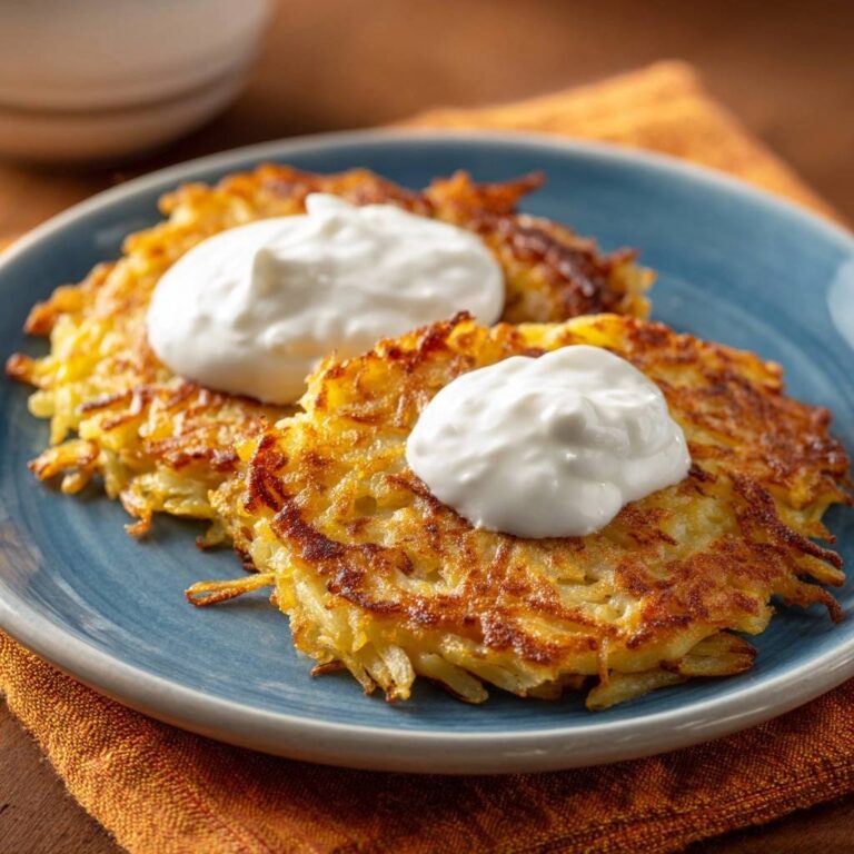 Goldbraune Kartoffelpuffer, serviert auf einem blauen Teller mit einem großzügigen Klecks Sahne. Die goldbraune Textur und die knusprigen Ränder sind perfekt.