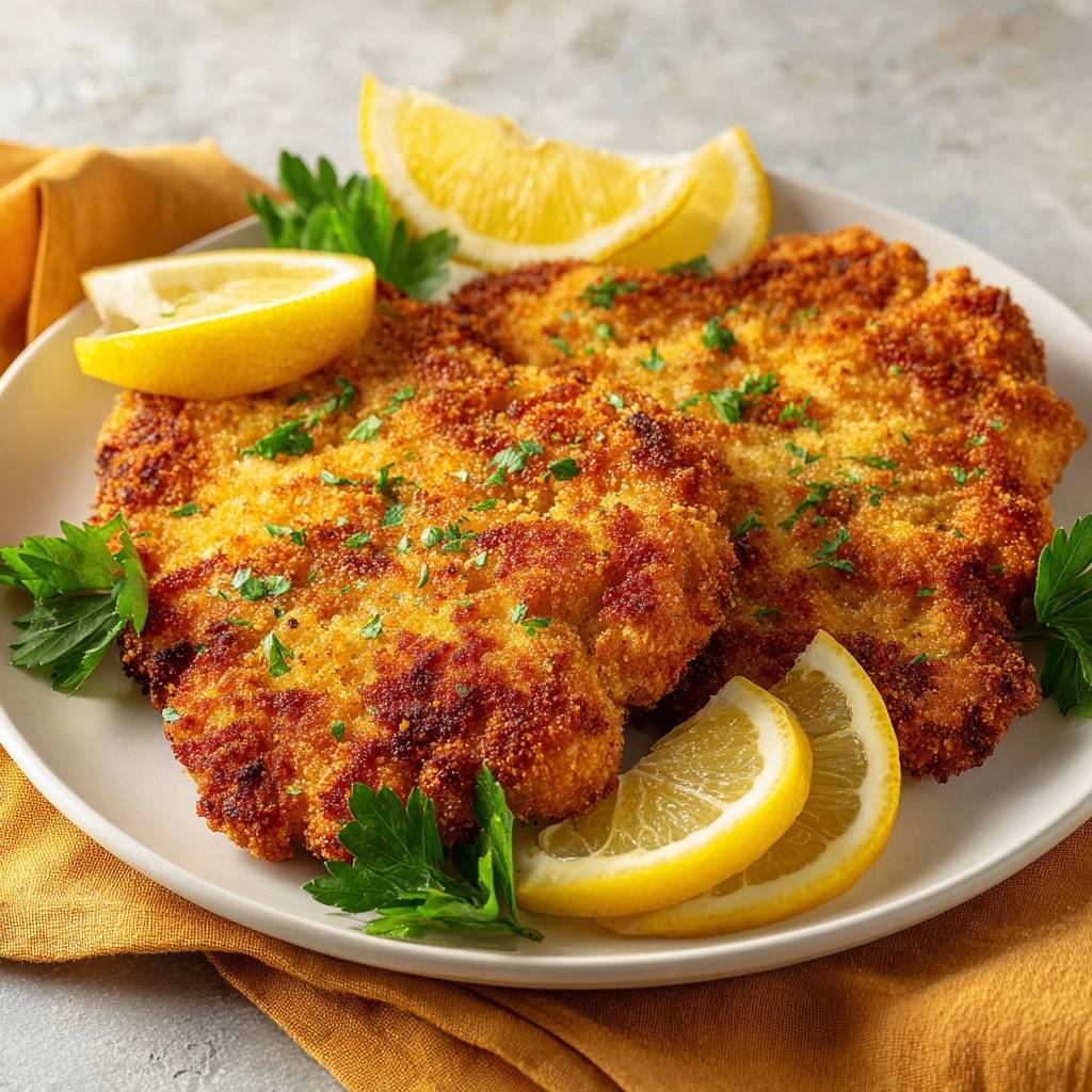 Goldbraunes Putenschnitzel Serviert Mit Zitrone 1 Goldbraunes Putenschnitzel, serviert auf einem weißen Teller, garniert mit frischer Petersilie und saftigen Zitronenspalten. Die knusprige Panade ist goldbraun.