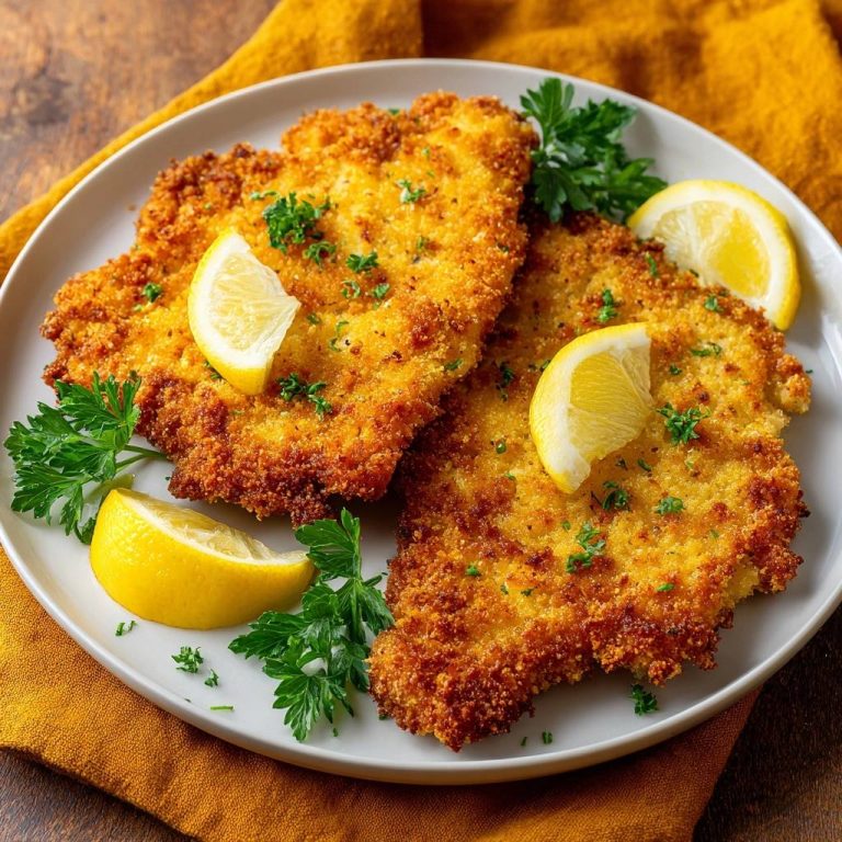 Goldbraunes Putenschnitzel serviert mit frischer Petersilie und Zitronenspalten auf einem hellen Teller, fertig zum Genießen.