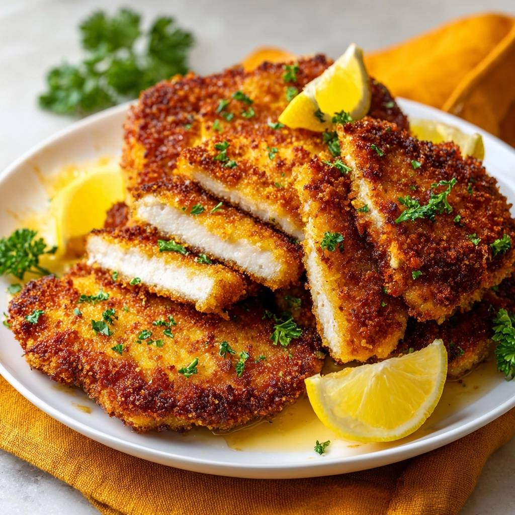 Goldbraunes Zitronen Haehnchenschnitzel Querschnitt 1 Goldbraunes Zitronen-Hähnchenschnitzel in Nahaufnahme: ein saftiger Querschnitt zeigt die goldbraune Kruste und das zarte Fleisch.
