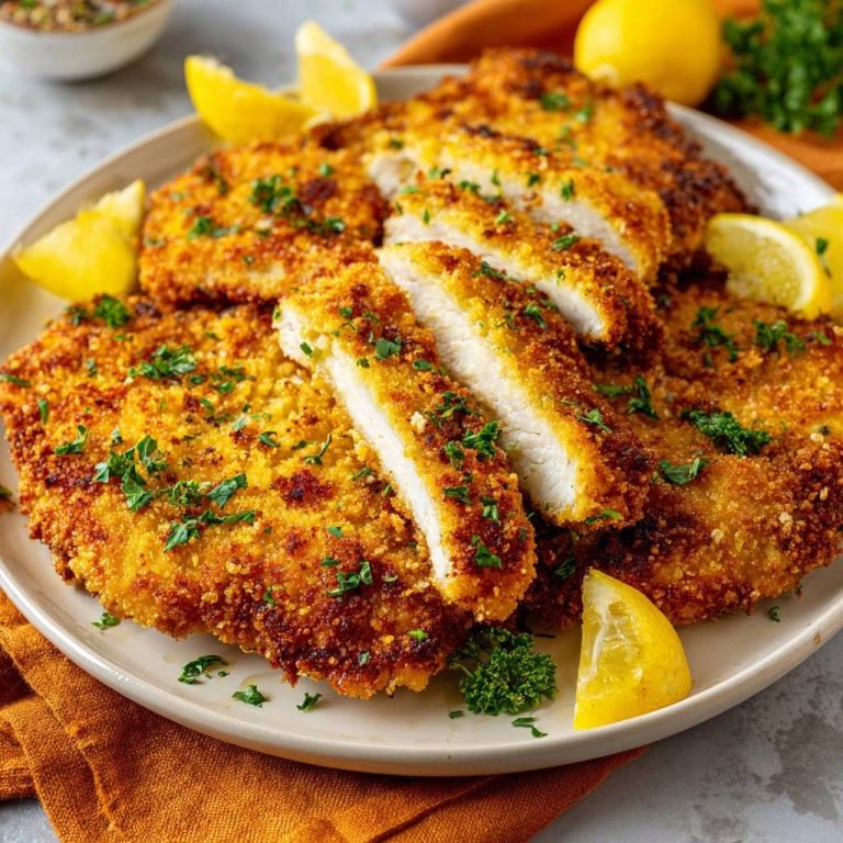 Goldbraunes Zitronen-Hähnchenschnitzel mit knuspriger Panade und saftigem Inneren, hier im Anschnitt serviert, garniert mit frischer Petersilie.