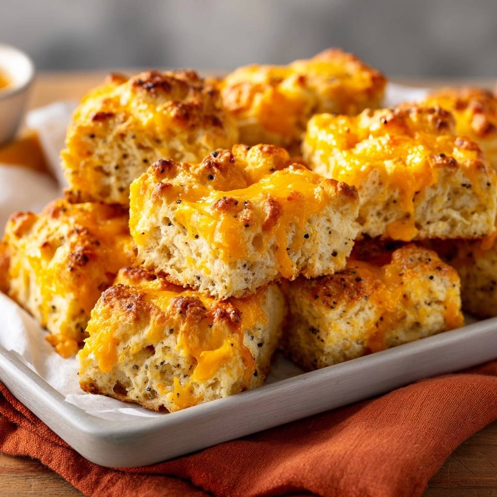Goldgelbe Cheddar Pfeffer Scones Nahaufnahme 1 Goldgelbe Cheddar-Pfeffer-Scones in Nahaufnahme, geschichtet auf einem rechteckigen Teller, mit geschmolzenem Käse und schwarzem Pfeffer belegt.