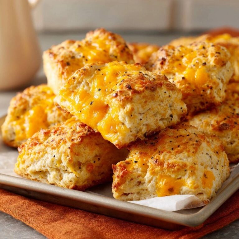 Goldgelbe Cheddar-Pfeffer-Scones in Nahaufnahme, geschichtet auf einem Backblech, mit geschmolzenem Käse, der aus knusprigen Ecken quillt.