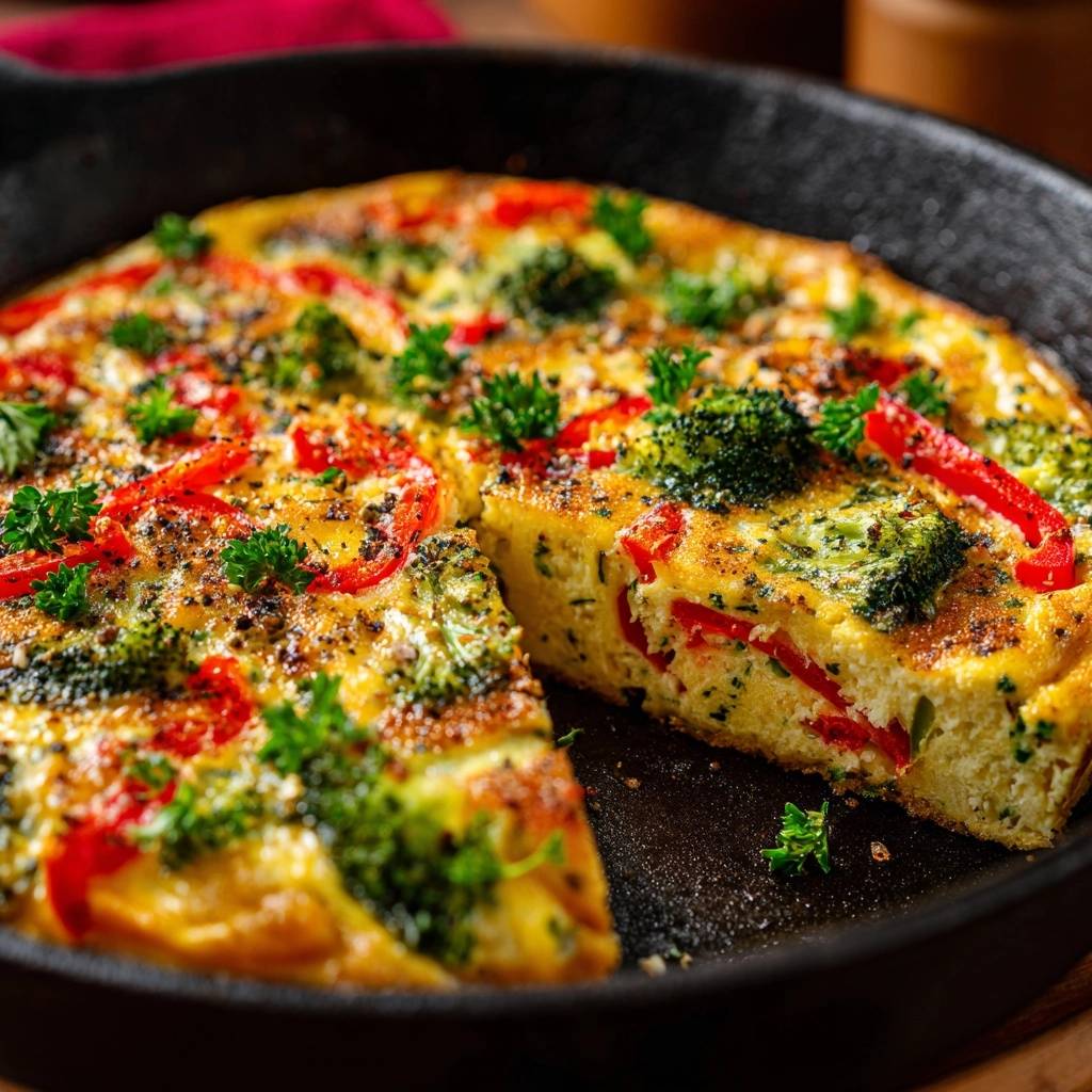 Herzhafte Brokkoli Paprika Frittata Querschnitt 1 Herzhafte Brokkoli-Paprika-Frittata: Ein Anschnitt zeigt die saftige Füllung mit Brokkoli und Paprika, frisch zubereitet in einer gusseisernen Pfanne.