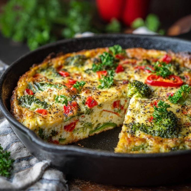 Herzhafte Brokkoli-Paprika-Frittata: Ein Anschnitt zeigt die saftige Füllung mit Brokkoli und Paprika, garniert mit frischer Petersilie.