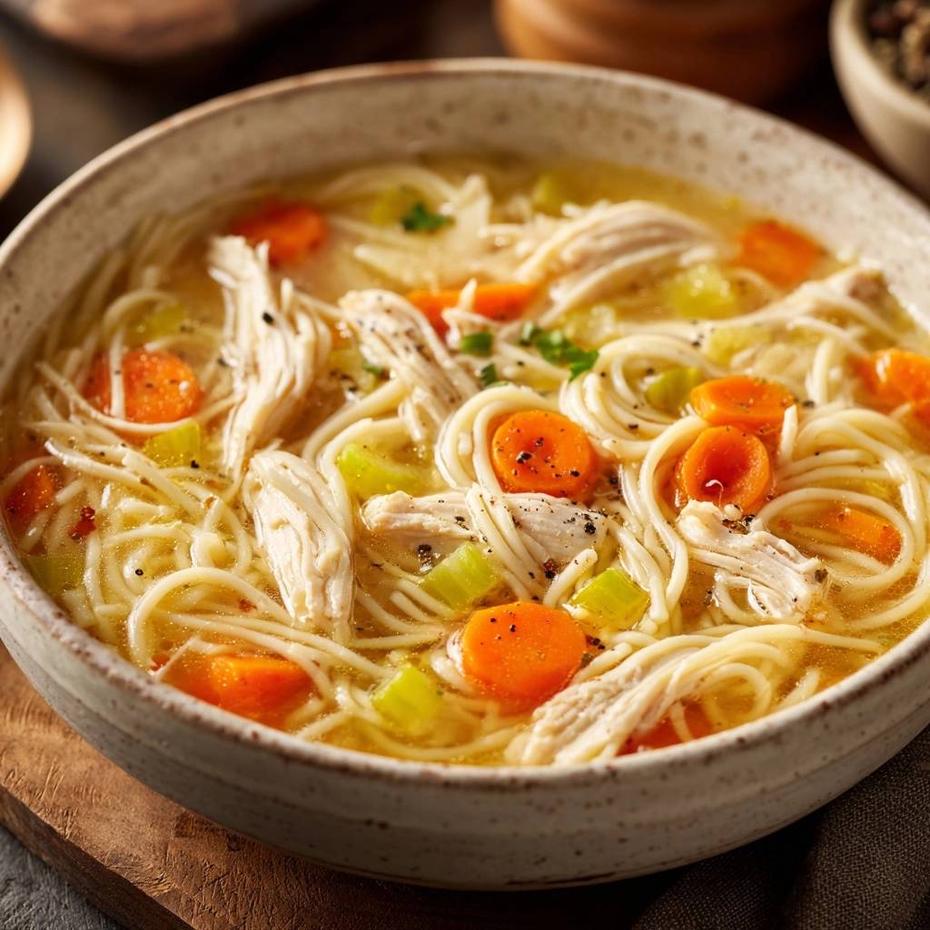 Herzhafte Huehnersuppe Mit Nudeln Nahaufnahme 1 Herzhafte Hühnersuppe mit Nudeln, serviert in einer rustikalen Schüssel. Eine Nahaufnahme zeigt die zarten Nudeln, das Hühnerfleisch und das Gemüse.