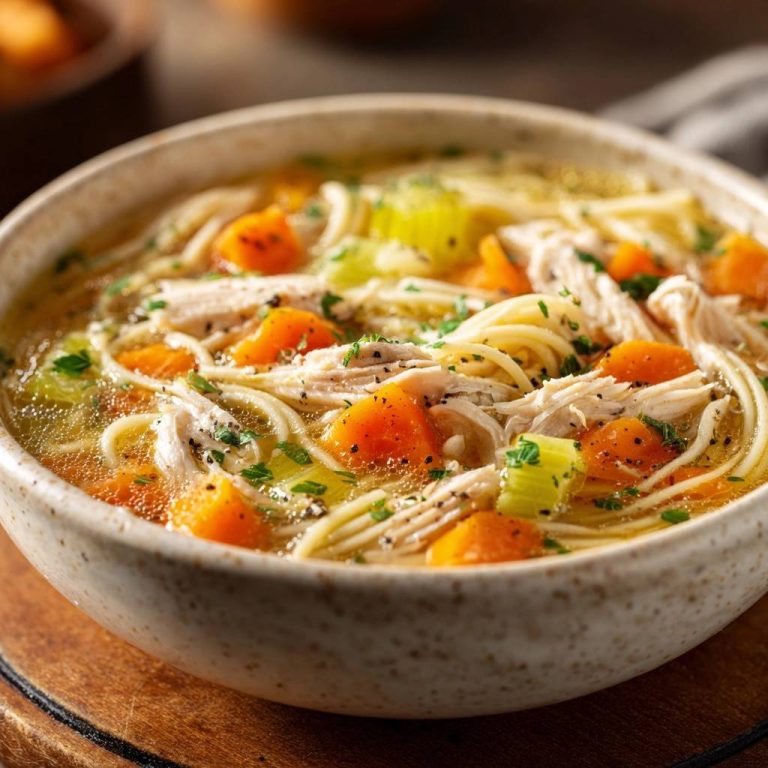 Herzhafte Hühnersuppe mit Nudeln in einer Nahaufnahme, die die zarten Nudeln, das Gemüse und das Hühnerfleisch zeigt.