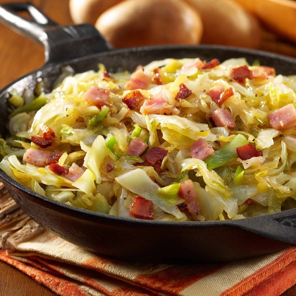 Herzhafte Kohlpfanne Mit Speck Draufsicht 1 Herzhafte Kohlpfanne mit Speck in einer gusseisernen Pfanne, aus der Vogelperspektive betrachtet, mit knusprigem Speck.