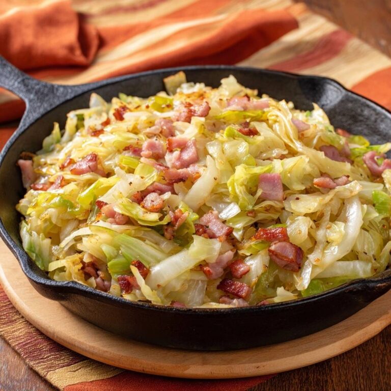 Herzhafte Kohlpfanne mit Speck in einer gusseisernen Pfanne, aus der Vogelperspektive betrachtet, mit knusprigem Speck und knackigem Kohl.