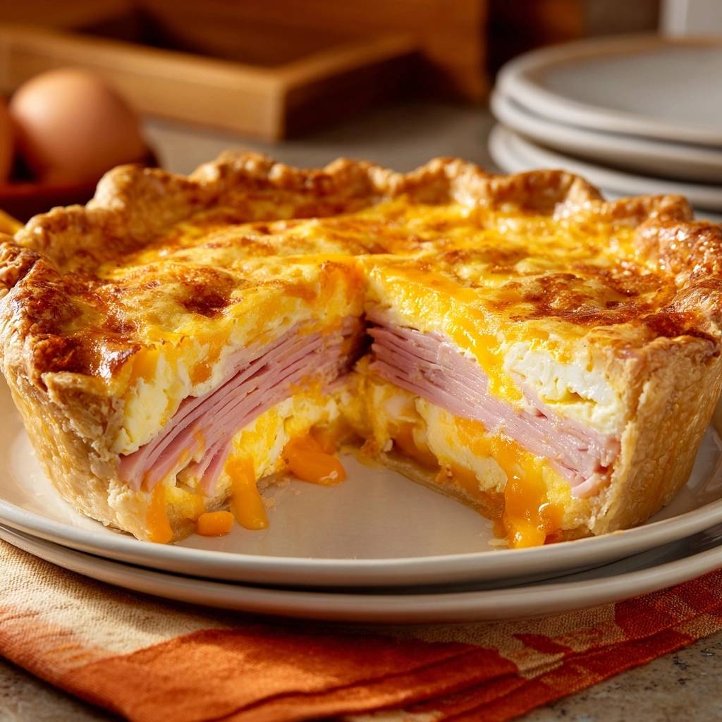 Herzhafte Schinken Kaese Quiche Querschnitt 1 Herzhafte Schinken-Käse-Quiche im Querschnitt, die eine saftige Füllung aus Ei, Schinken und geschmolzenem Käse zeigt.