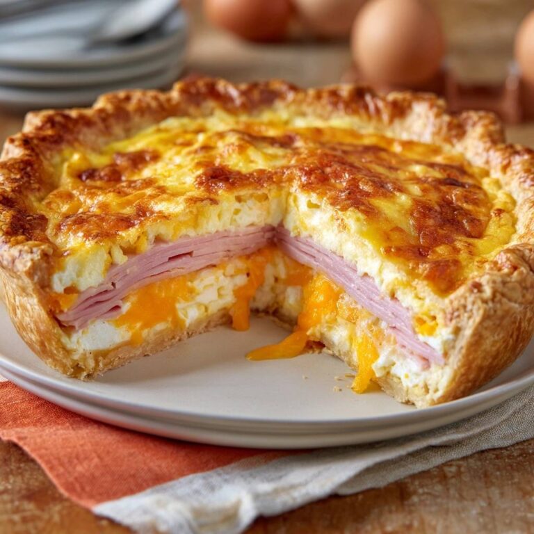 Herzhafte Schinken-Käse-Quiche im Anschnitt gezeigt: Innenansicht mit Schinken- und Käseschichten, gebacken in goldbraunem Teig.