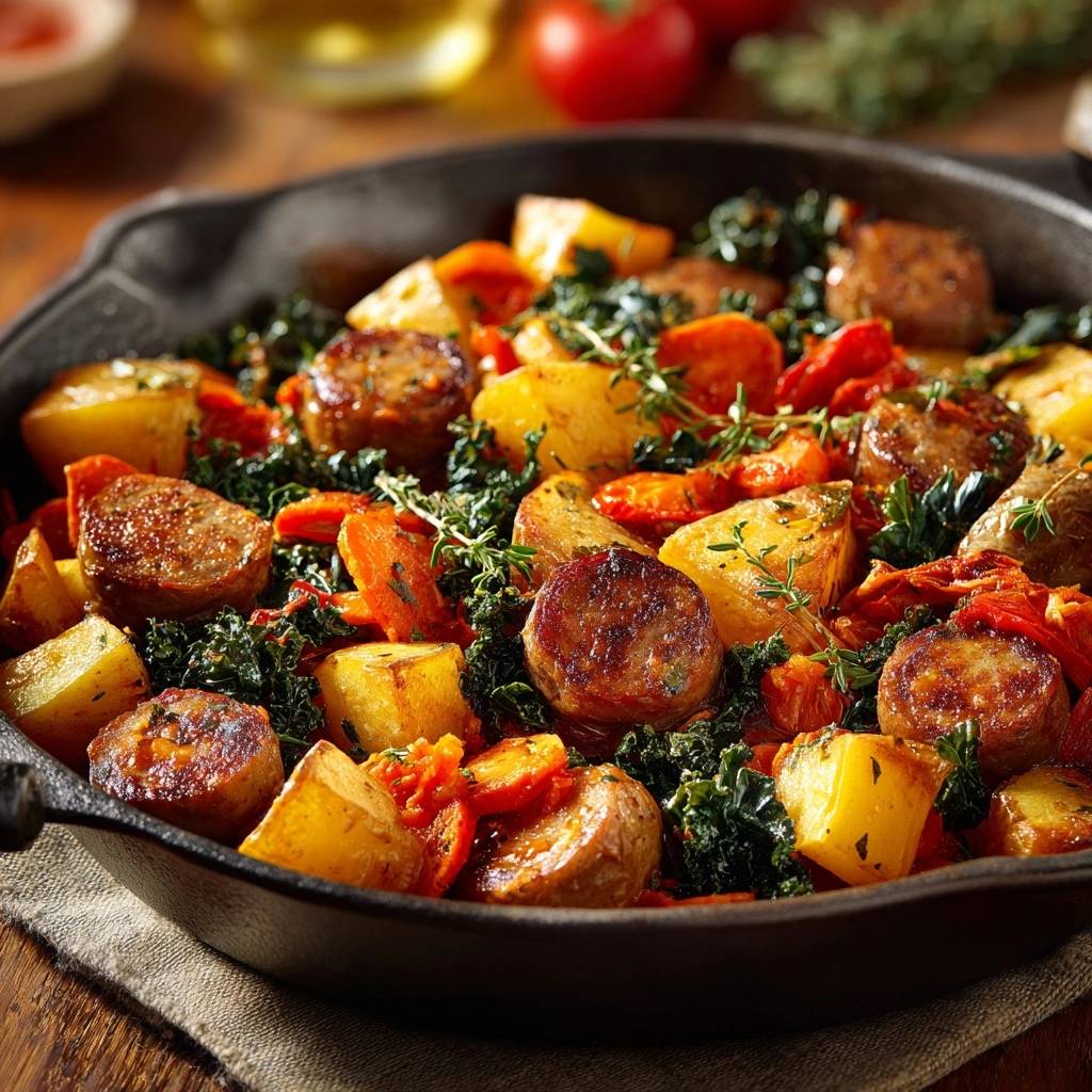 Herzhafte Wurst Kartoffel Pfanne Draufsicht 1 Herzhafte Wurst-Kartoffel-Pfanne in einer gusseisernen Pfanne, aus der Vogelperspektive gesehen. Die knusprigen Bratkartoffeln sind mit Wurst und Gemüse vermischt.