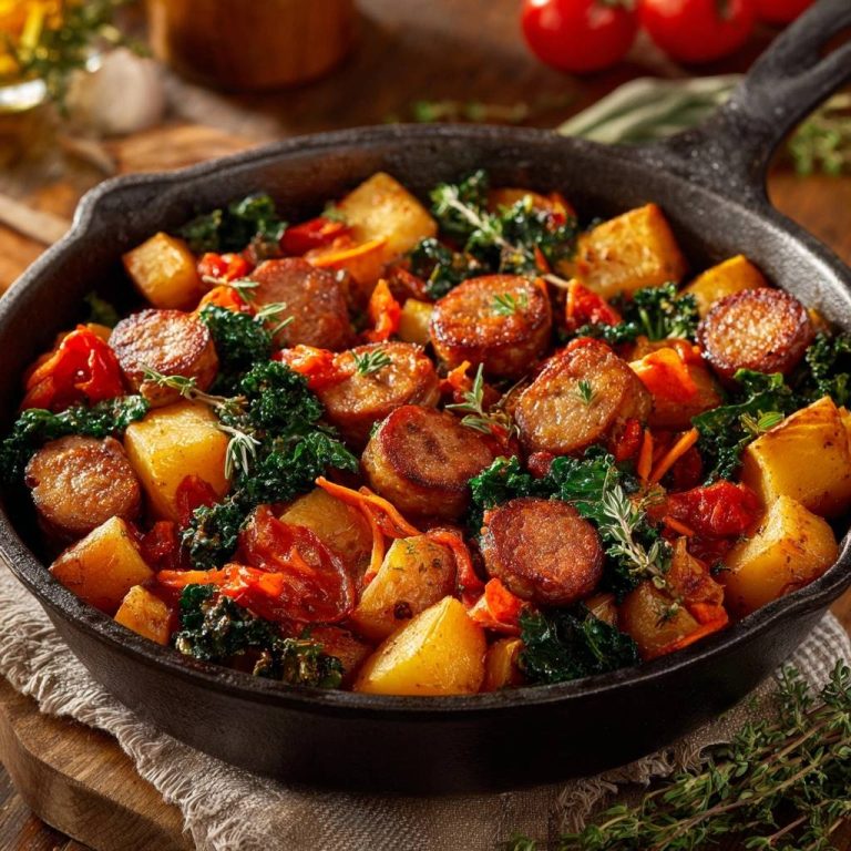 Herzhafte Wurst-Kartoffel-Pfanne in einer gusseisernen Pfanne, die Zutaten in Nahaufnahme zeigt, mit knusprigen Würstchen und Kartoffeln.