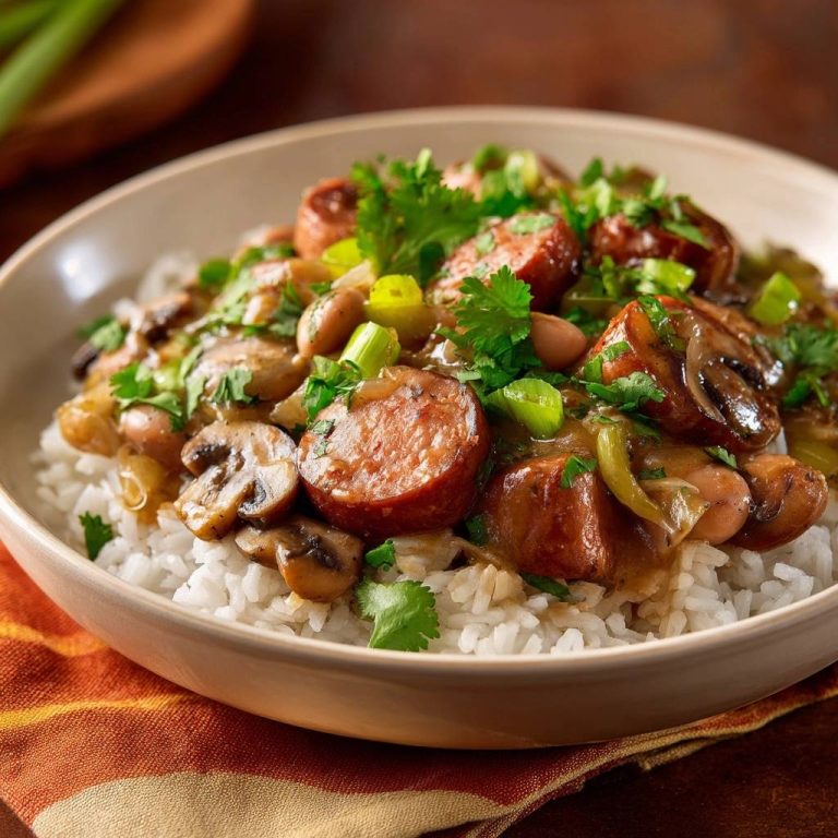 Herzhafte Wurst-Pilz-Pfanne auf Reis, serviert in einer Schüssel, garniert mit frischer Petersilie und Frühlingszwiebeln.