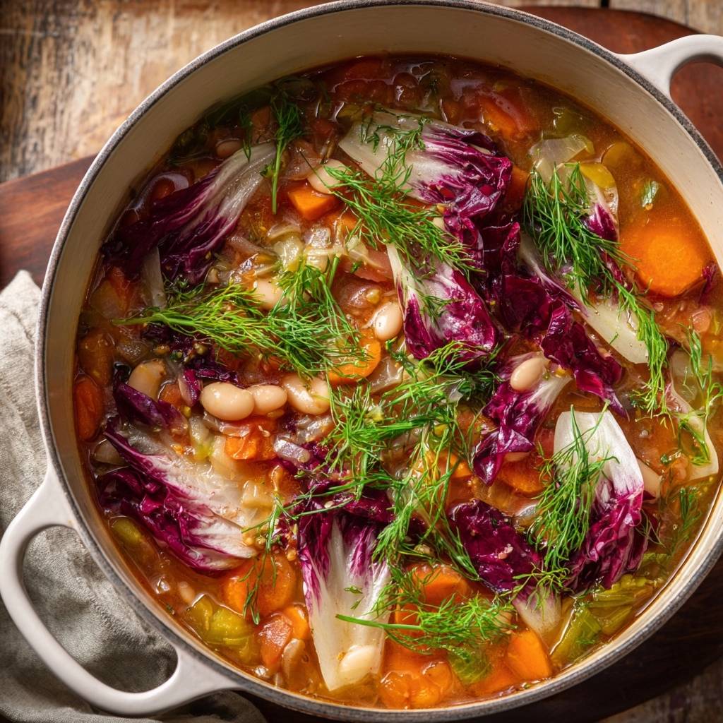 Herzhafter Bohneneintopf Mit Radicchio Draufsicht 1 Herzhafter Bohneneintopf mit Radicchio, eine leckere Mahlzeit. Diese Draufsicht zeigt den Eintopf in einem Topf mit frischen Kräutern garniert.