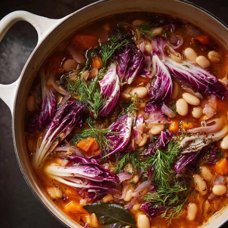 Herzhafter Bohneneintopf mit Radicchio, von oben fotografiert, zeigt die Zutaten wie Radicchio, Bohnen, Karotten und frische Kräuter.