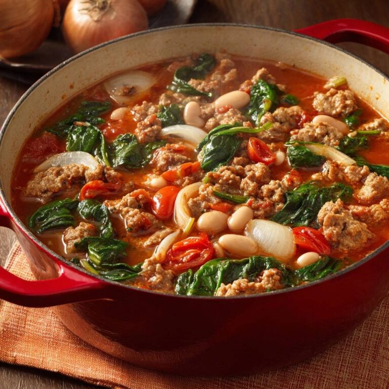 Herzhafter Eintopf mit Hackfleisch und Bohnen in einem roten Topf, aus der Draufsicht fotografiert, mit frischem Spinat und Tomaten.