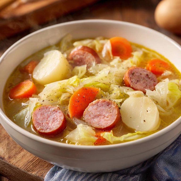 Herzhafter Kohl-Eintopf mit Wurst in Nahaufnahme, dampfend serviert in einer weißen Schüssel, mit Wurstscheiben, Karotten und Kartoffeln.
