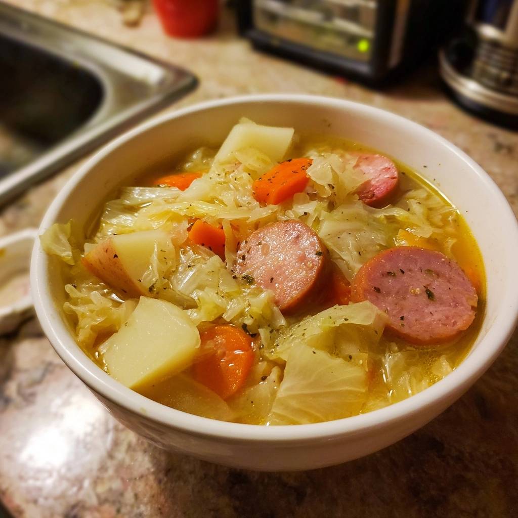 Herzhafter Kohl Eintopf Mit Wurst Serviert 1 Herzhafter Kohl-Eintopf mit Wurst serviert in einer weißen Schüssel. Der deftige Eintopf enthält Kartoffeln, Karotten, Kohl und Wurststücke.