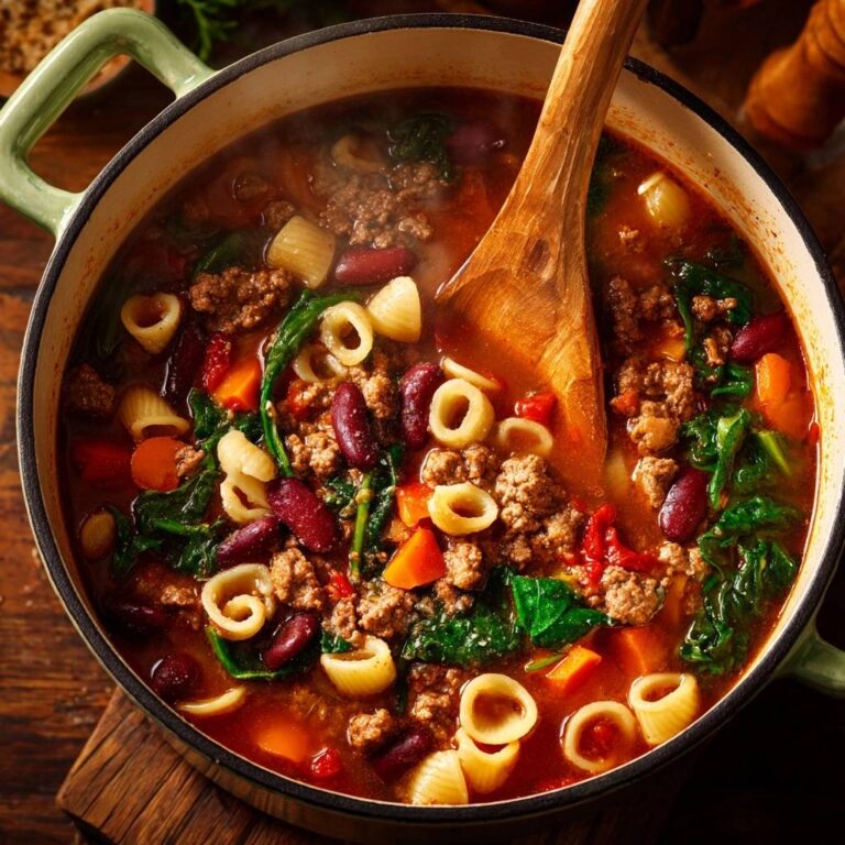Herzhafter Pasta-Eintopf mit Rinderhack in einer grünen Pfanne, von oben fotografiert, mit frischen Zutaten. Ein herzhaftes 40-Minuten-Gericht für die ganze Familie.
