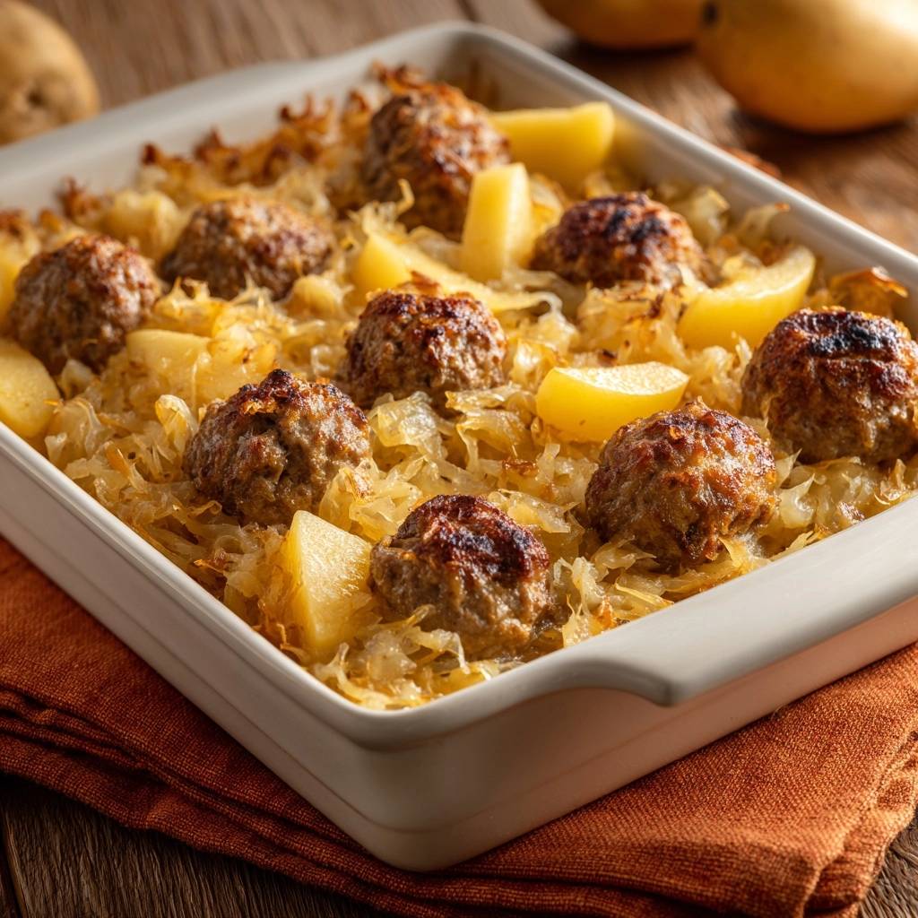 Herzhafter Sauerkraut Auflauf Mit Fleischbaellchen Draufsich 1 Herzhafter Sauerkraut-Auflauf mit Fleischbällchen: Eine leckere Draufsicht auf den herzhaften Auflauf mit goldenen Fleischbällchen und Kartoffeln.