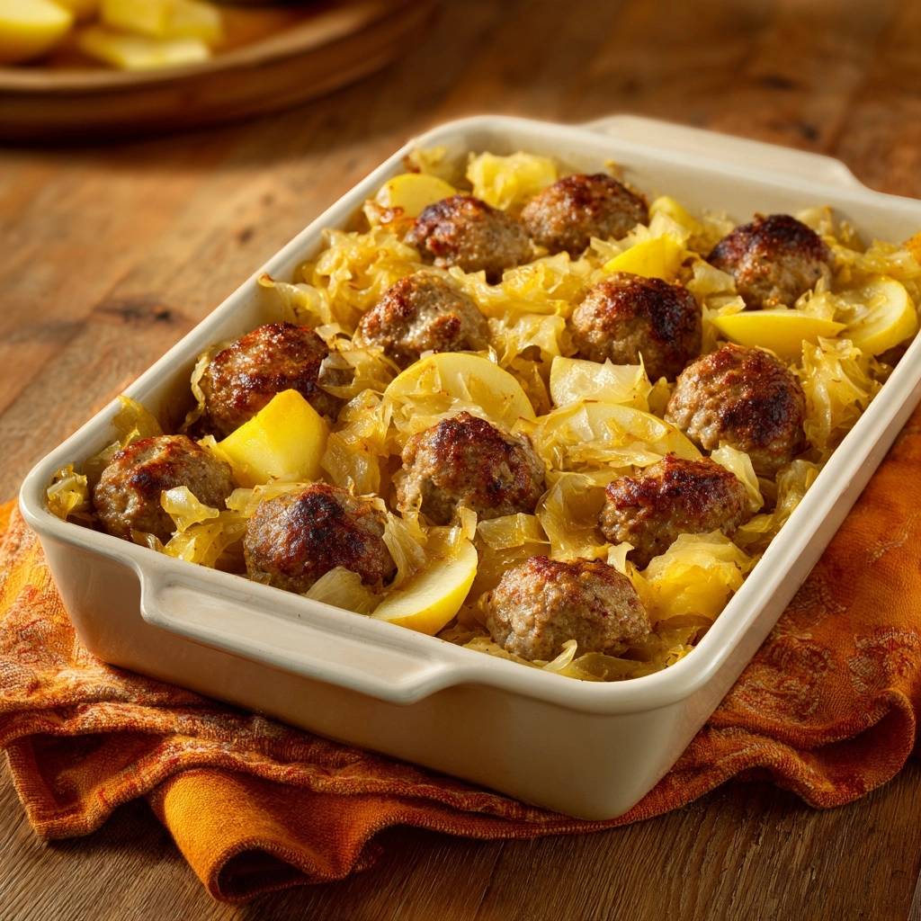 Herzhafter Sauerkraut-Auflauf mit Fleischbällchen in einer Auflaufform, von oben fotografiert, zeigt die fertige Mahlzeit mit knusprigen Fleischbällchen.