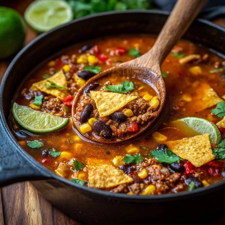 Herzhafter Taco-Eintopf in einer Nahaufnahme, serviert mit einem Holzlöffel, der die Zutaten zeigt: Fleisch, Mais und Tortilla-Chips.