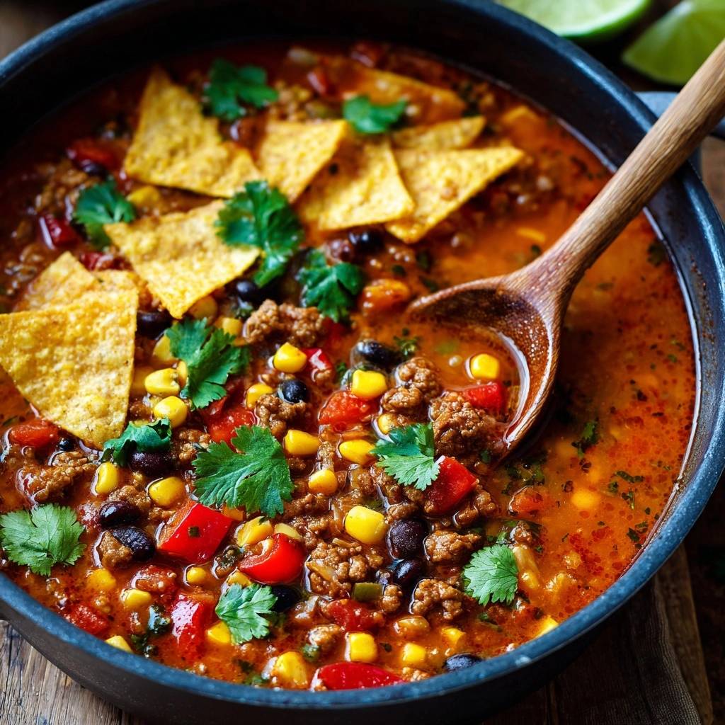 Herzhafter Taco Eintopf Serviert Mit Tortilla Chips 1 Herzhafter Taco-Eintopf serviert in einer rustikalen Schüssel, garniert mit Tortilla-Chips und frischen Kräutern. Der Eintopf ist reich an Gemüse und Hackfleisch.