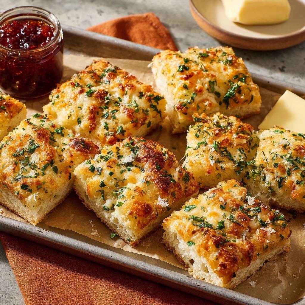 Herzhaftes Cheddar Kraeuter Zupfbrot Draufsicht 1 Herzhaftes Cheddar-Kräuter-Zupfbrot in einer Draufsicht präsentiert, mit goldbrauner Kruste und frischen Kräutern belegt, serviert mit Marmelade.
