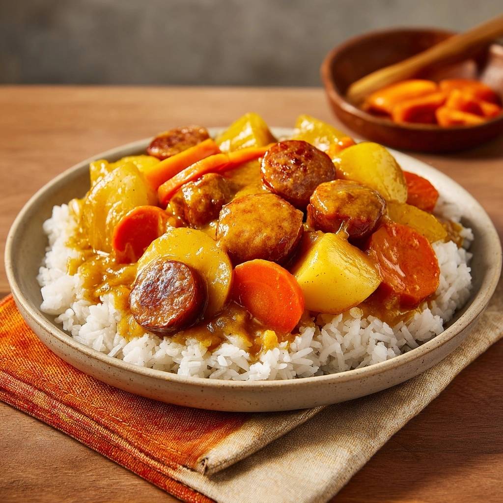 Herzhaftes Fleischbaellchen Curry Serviert 1 Herzhaftes Fleischbällchen-Curry serviert auf Reis, garniert mit Karotten, Kartoffeln und Würstchen, ein deftiges Gericht für Genießer.