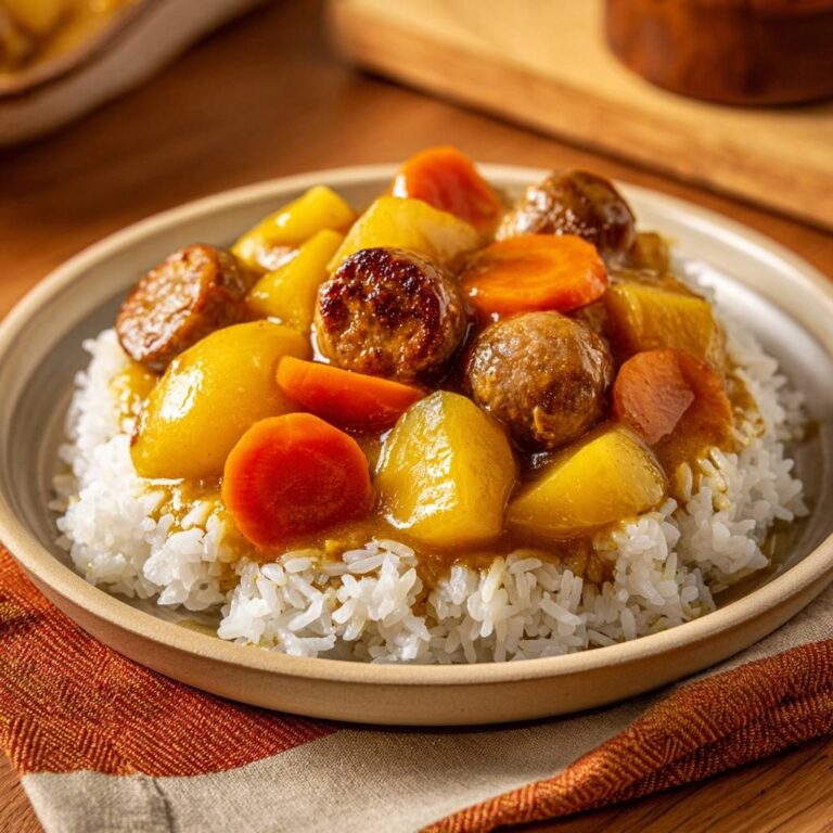 Herzhaftes Fleischbällchen-Curry serviert auf Reis, garniert mit Karotten und Kartoffeln. Ein köstliches Essen für Genießer.