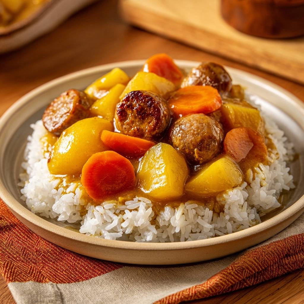 Herzhaftes Fleischbällchen-Curry serviert auf Reis, garniert mit Karotten und Kartoffeln. Ein köstliches Essen für Genießer.