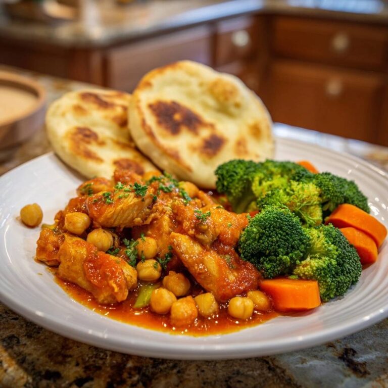 Herzhaftes Hähnchen-Kichererbsen-Curry serviert auf einem Teller mit Naan-Brot, Brokkoli und Karotten, perfekt angerichtet.