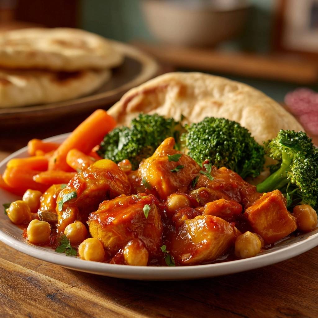 Herzhaftes Hhnchen Kichererbsen Curry Serviert 1 Herzhaftes Hähnchen-Kichererbsen-Curry serviert auf einem weißen Teller mit Gemüse und Naan-Brot, bereit zum Genießen.
