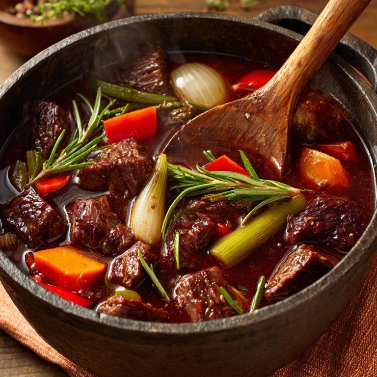 Herzhaftes Rindergulasch aus dem Gusseisentopf in Nahaufnahme, dampfend heiß serviert, mit frischen Kräutern und Gemüse angerichtet.