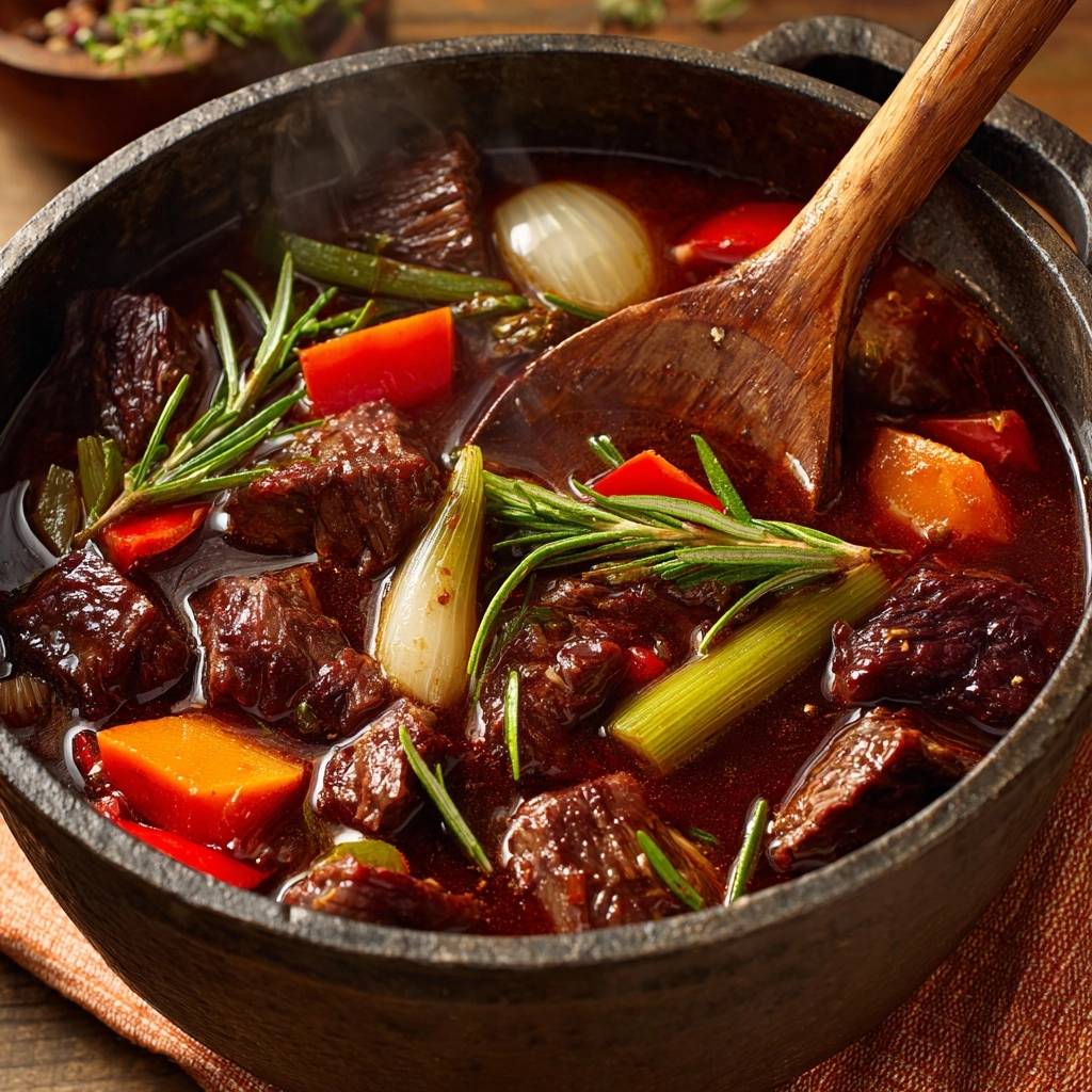 Herzhaftes Rindergulasch aus dem Gusseisentopf in Nahaufnahme, dampfend heiß serviert, mit frischen Kräutern und Gemüse angerichtet.