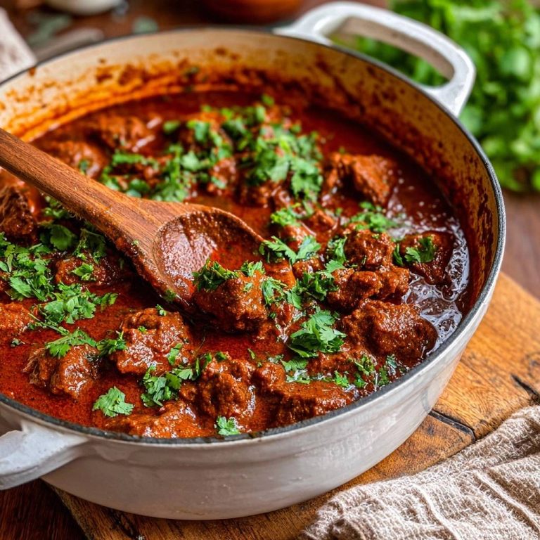 Herzhaftes Rindergulasch mit frischen Kräutern garniert, serviert in einem Topf, mit einem Holzlöffel angerichtet und bereit zum Genießen.