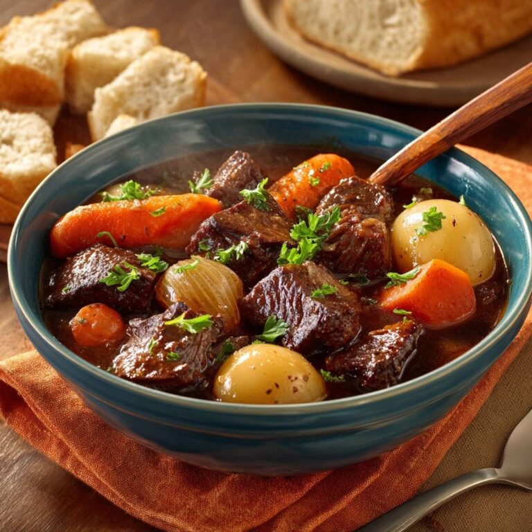 Herzhaftes Rindergulasch mit Wurzelgemüse, serviert in einer blauen Schüssel, garniert mit frischer Petersilie und serviert mit Brot.