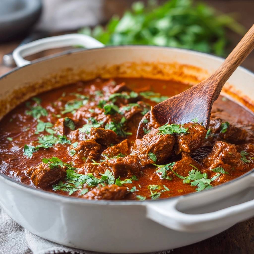 Herzhaftes Rindergulasch Nahaufnahme Mit Lffel 1 Herzhaftes Rindergulasch in einer Pfanne, garniert mit frischer Petersilie, wird mit einem Holzlöffel serviert.