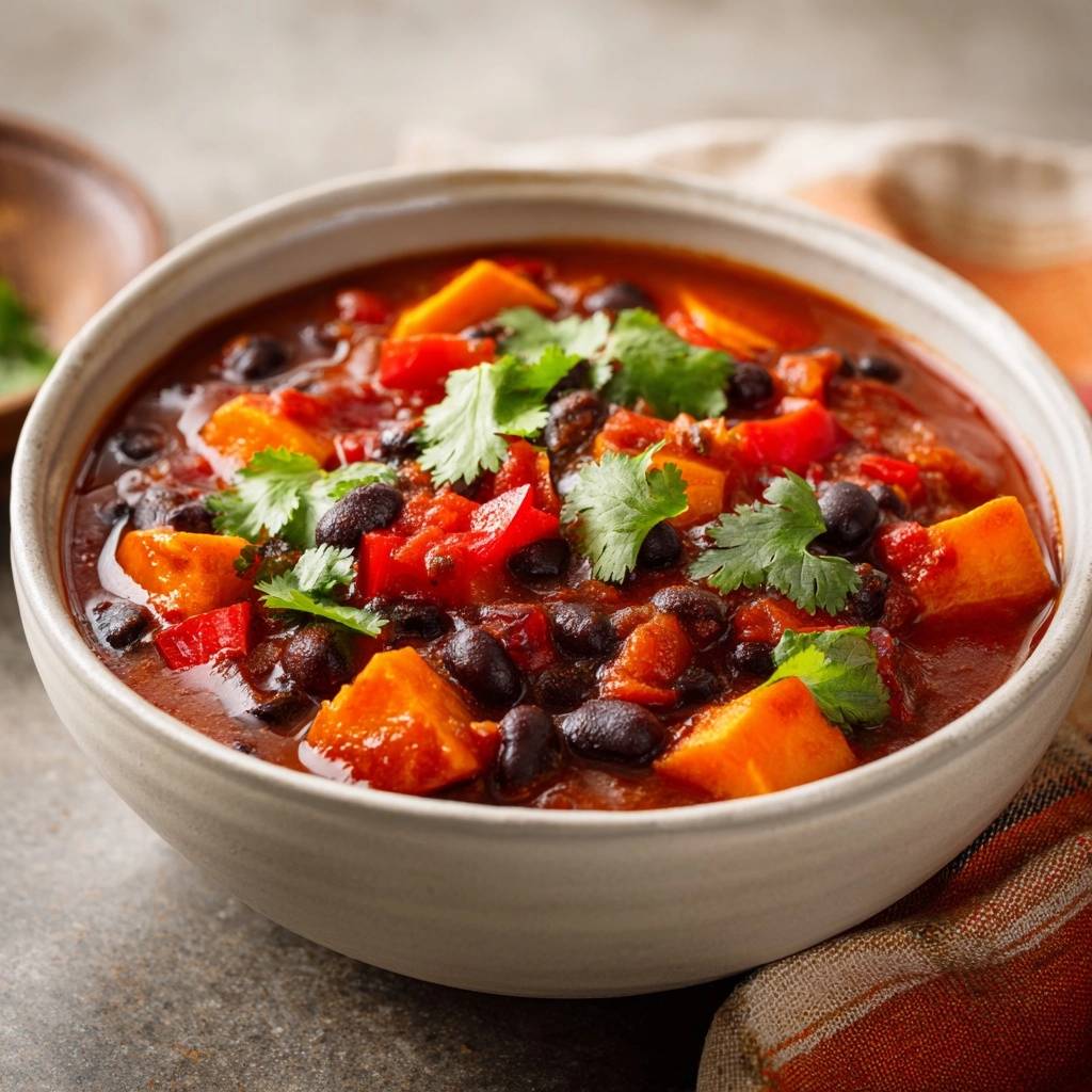 Herzhaftes Suesskartoffel Chili Serviert 1 Herzhaftes Süßkartoffel-Chili in einer Schüssel serviert, garniert mit frischen Kräutern und köstlichen Zutaten. Ein wärmendes, veganes Gericht für kalte Tage.