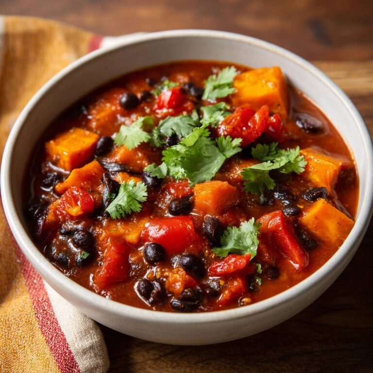 Herzhaftes Süßkartoffel-Chili serviert in einer cremigen Schüssel, garniert mit frischem Koriander, serviert auf einem rustikalen Holztisch.