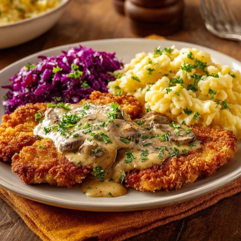 Klassisches Jägerschnitzel mit Pilzrahm serviert auf einem Teller, garniert mit frischer Petersilie, neben Rotkohl und Kartoffelpüree.