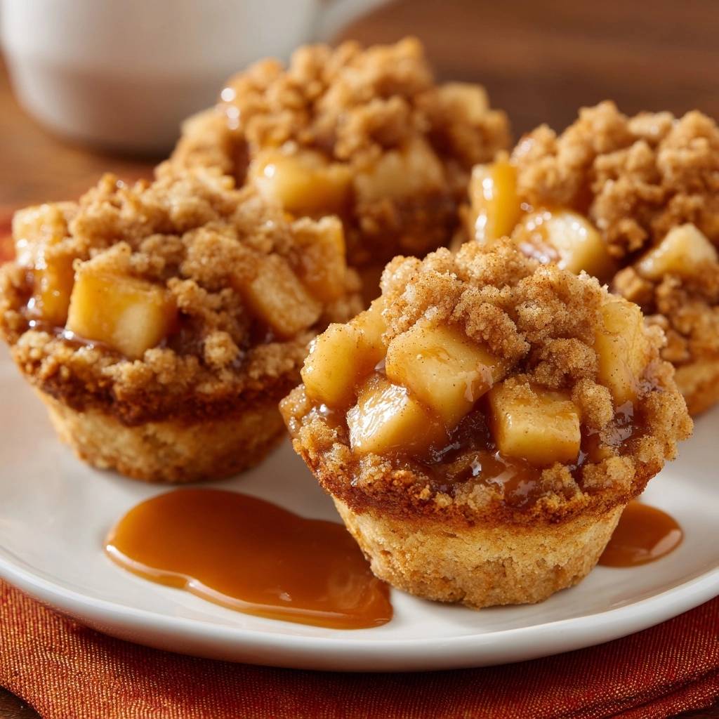 Karamell Apfel Muffins Mit Streuseln Serviert 1 Karamell-Apfel-Muffins mit Streuseln, serviert auf einem weißen Teller, dekoriert mit köstlichem Karamell-Sirup. Die warmen Muffins sind frisch gebacken und sehen verlockend aus.