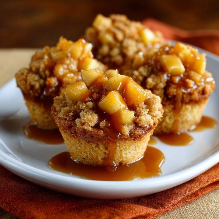 Karamell-Apfel-Muffins mit Streuseln serviert auf einem weißen Teller, mit Karamellsauce beträufelt und frischen Apfelstückchen.