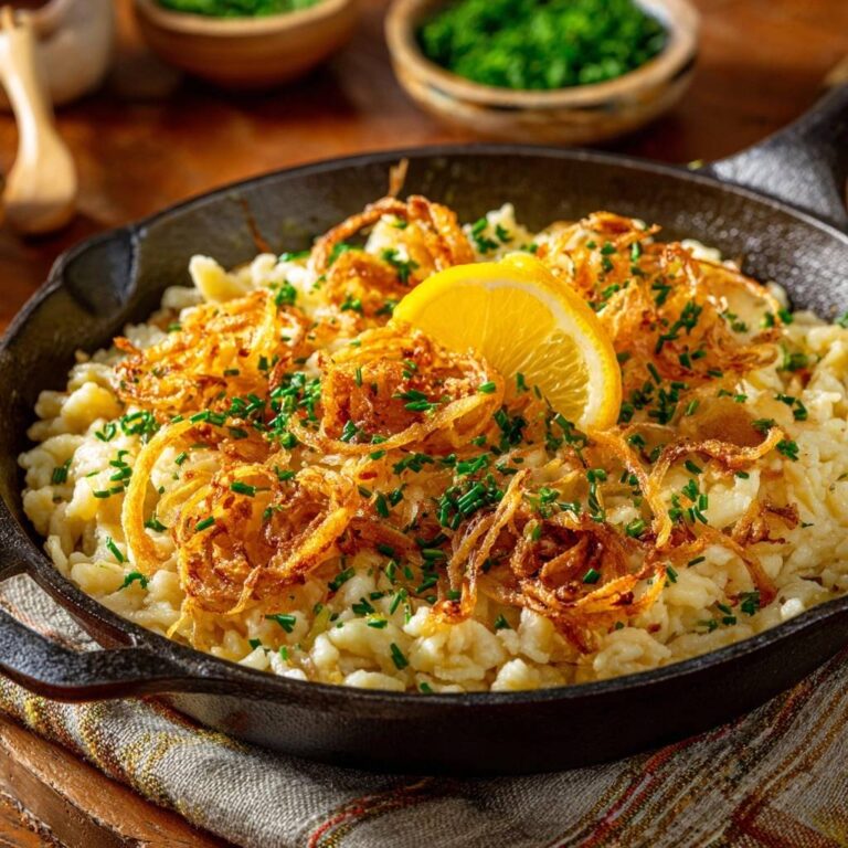 Klassische Allgäuer Kässpätzle in einer Eisenpfanne, garniert mit knusprigen Zwiebeln, Schnittlauch und einer Zitronenscheibe.