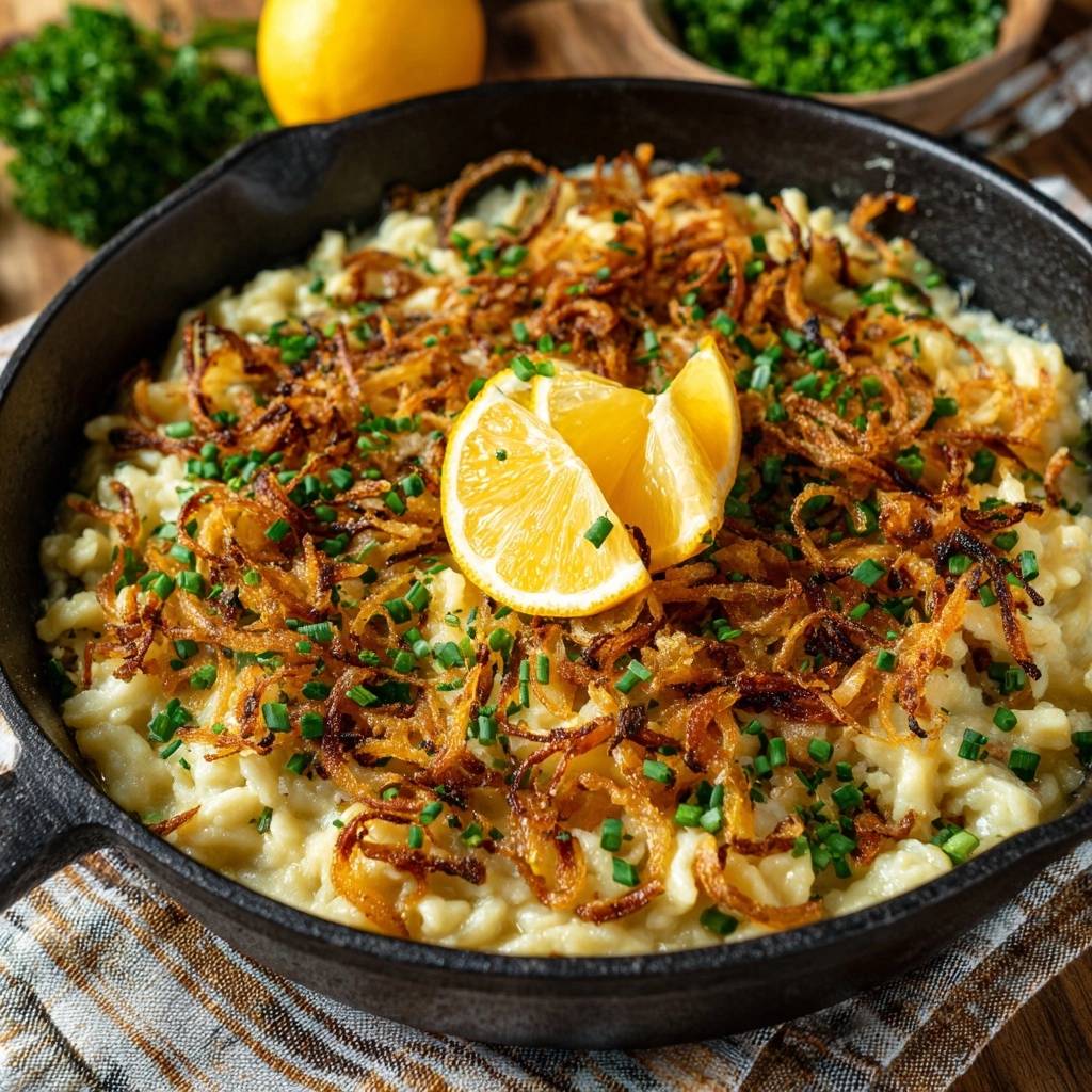 Klassische Allgaeuer Kaesspaetzle Draufsicht Serviert 1 Klassische Allgäuer Kässpätzle, serviert in einer Pfanne, garniert mit knusprigen Zwiebeln, frischen Kräutern und Zitrone.