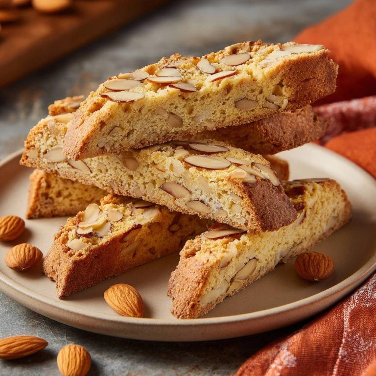 Klassische Mandel-Biscotti sind hier gestapelt und zeigen die gerösteten Mandeln. Die knusprigen italienischen Kekse sind perfekt zum Eintunken in Kaffee.