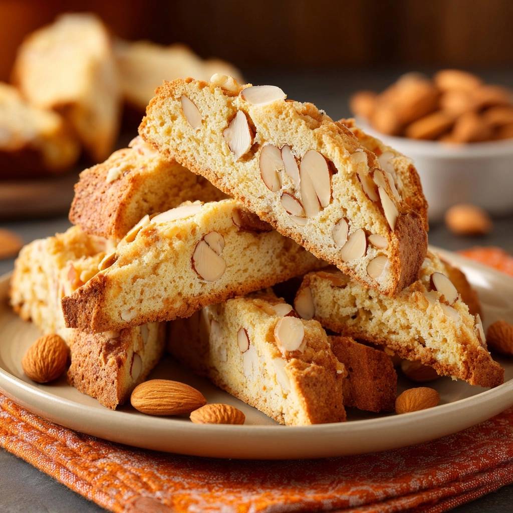 Klassische Mandel Biscotti Nahaufnahme 1 Klassische Mandel-Biscotti in Nahaufnahme, angerichtet auf einem Teller, mit Mandeln verziert und in appetitliche Stücke geschnitten.
