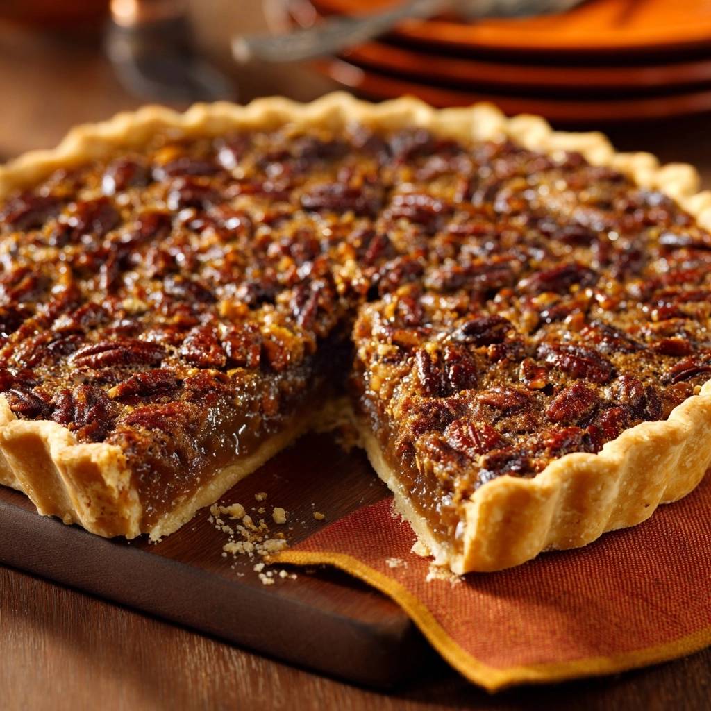Klassischer Pekannuss Kuchen Querschnitt 1 Klassischer Pekannuss-Kuchen mit einem verführerischen Querschnitt, der die goldbraunen Pekannüsse und die glänzende Füllung zeigt.
