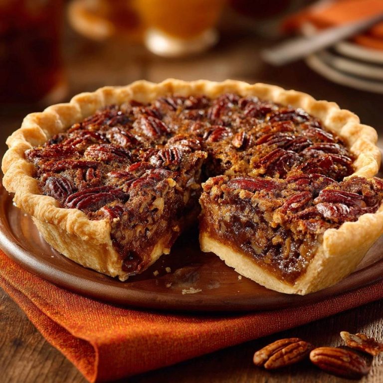 Klassischer Pekannuss-Kuchen mit einem herausgeschnittenen Stück, das die glänzende Füllung und die knusprige Kruste zeigt.